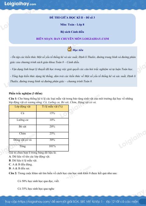 Đề thi giữa kì 2 Toán 8 - Đề số 3 - Cánh diều